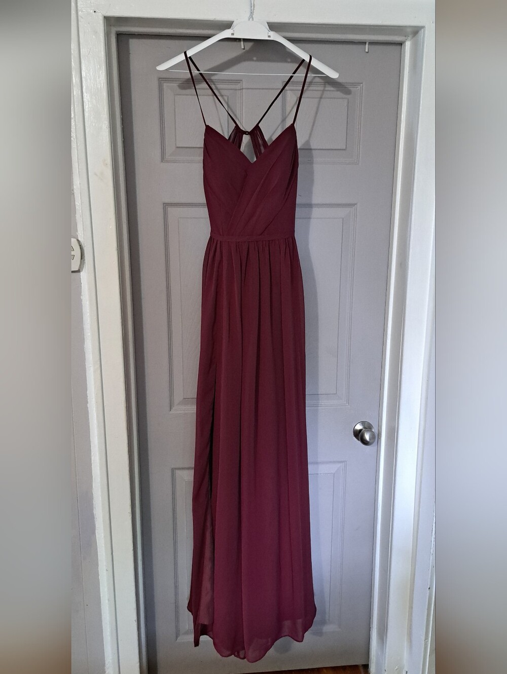 Azazie Maroon Spaghetti-Strap Maxi with V-Neck